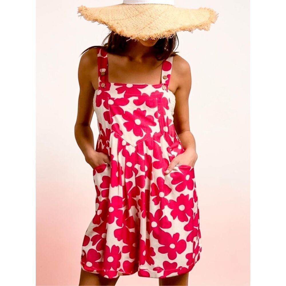Bibi Floral Romper Pink Summer Boho Romper Pocket Short Overall Shortalls NEW - Picture 2 of 13